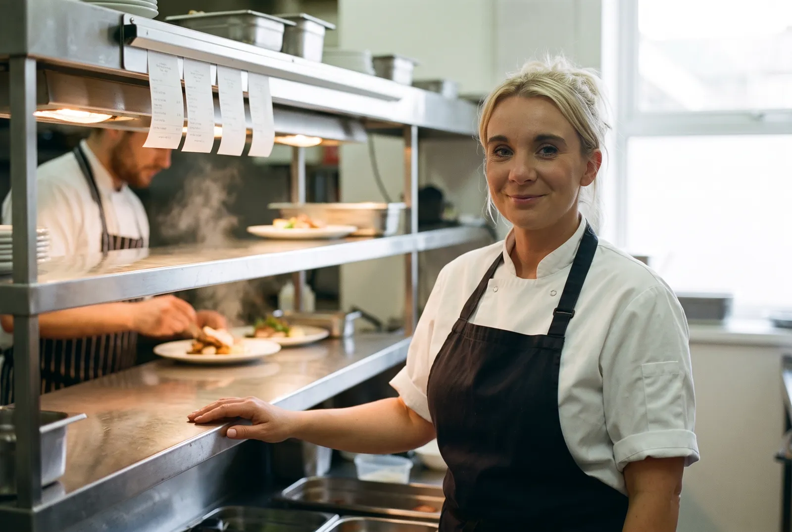Gemma at the pass of a commercial kitchen, in chef whites and a dark apron