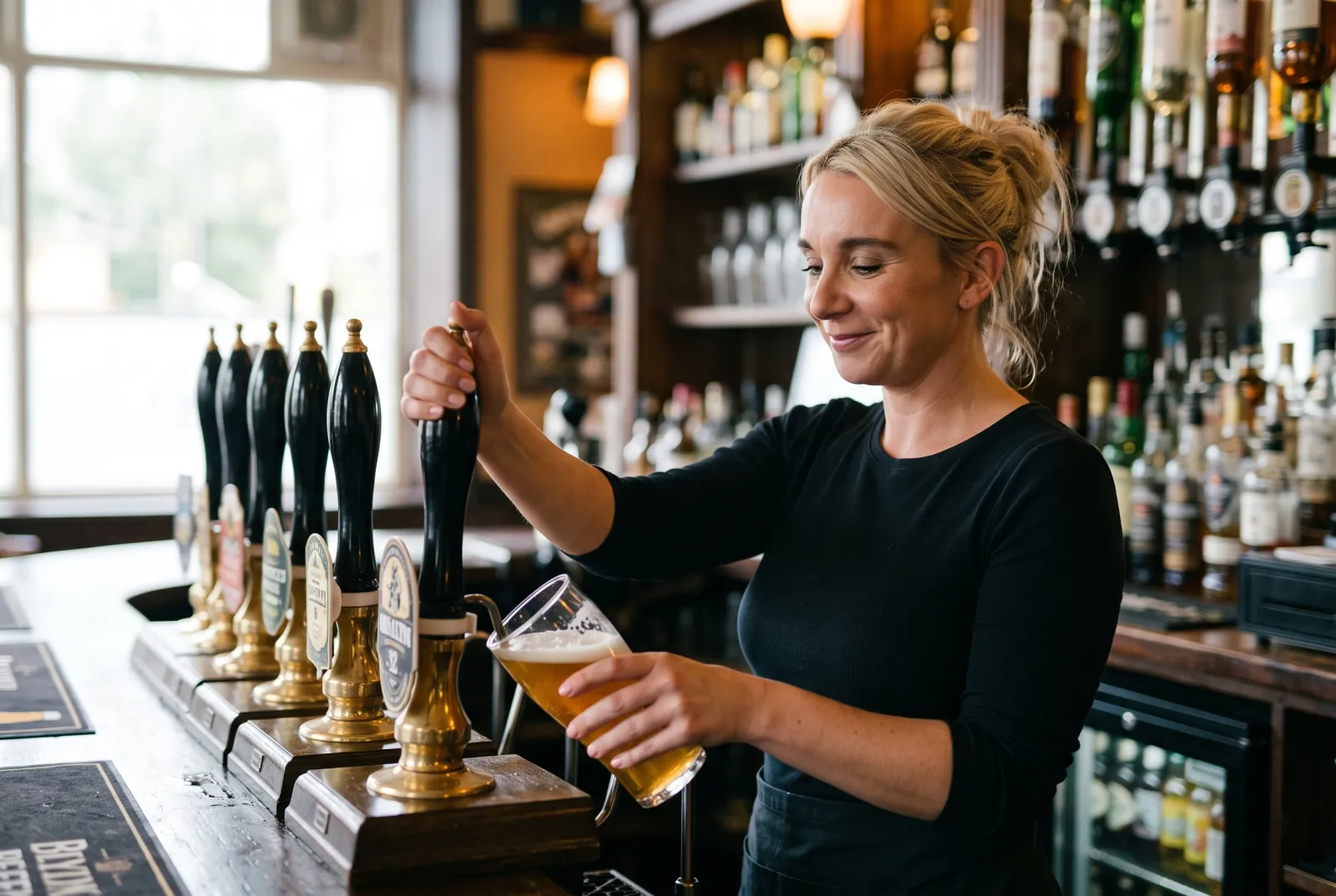 Gemma behind a pub bar, pulling a pint from a hand pump