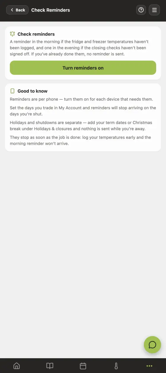 The check reminders screen in the Good Food Hygiene app