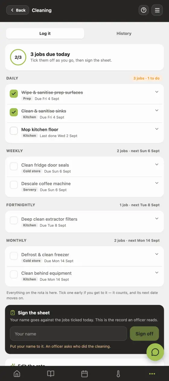 The cleaning rota screen in the Good Food Hygiene app