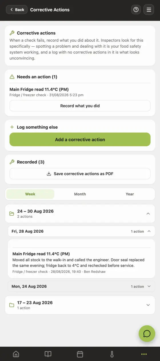 The corrective actions screen in the Good Food Hygiene app