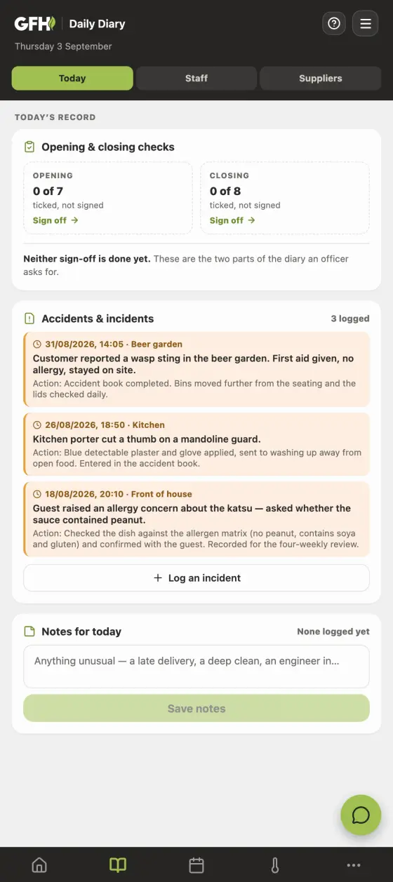 The daily diary screen in the Good Food Hygiene app