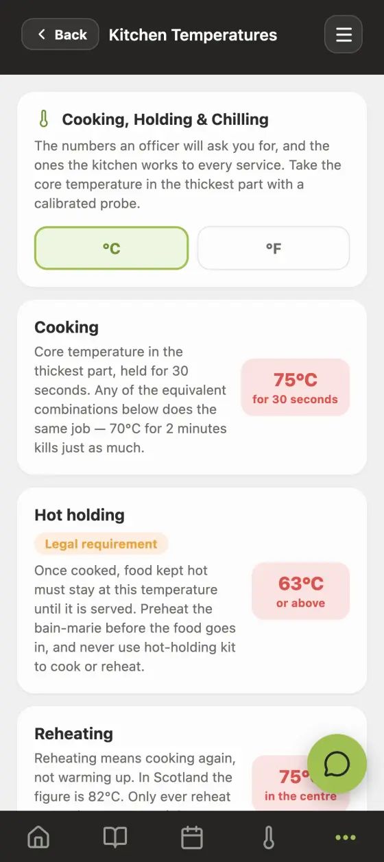 The in-app guides screen in the Good Food Hygiene app
