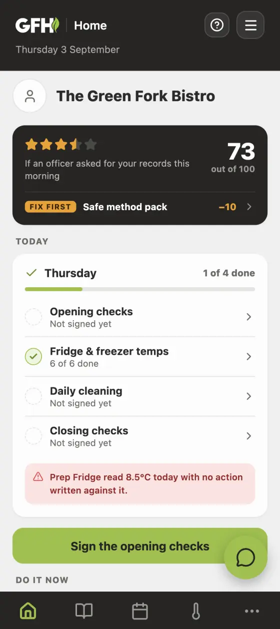 The readiness score screen in the Good Food Hygiene app