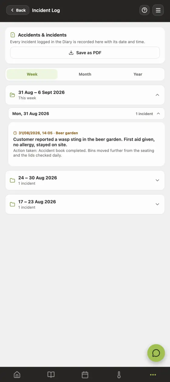 The incident log screen in the Good Food Hygiene app