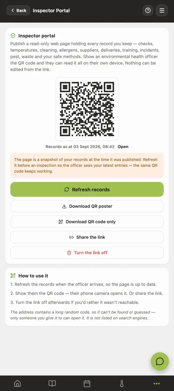 The inspector portal screen in the Good Food Hygiene app