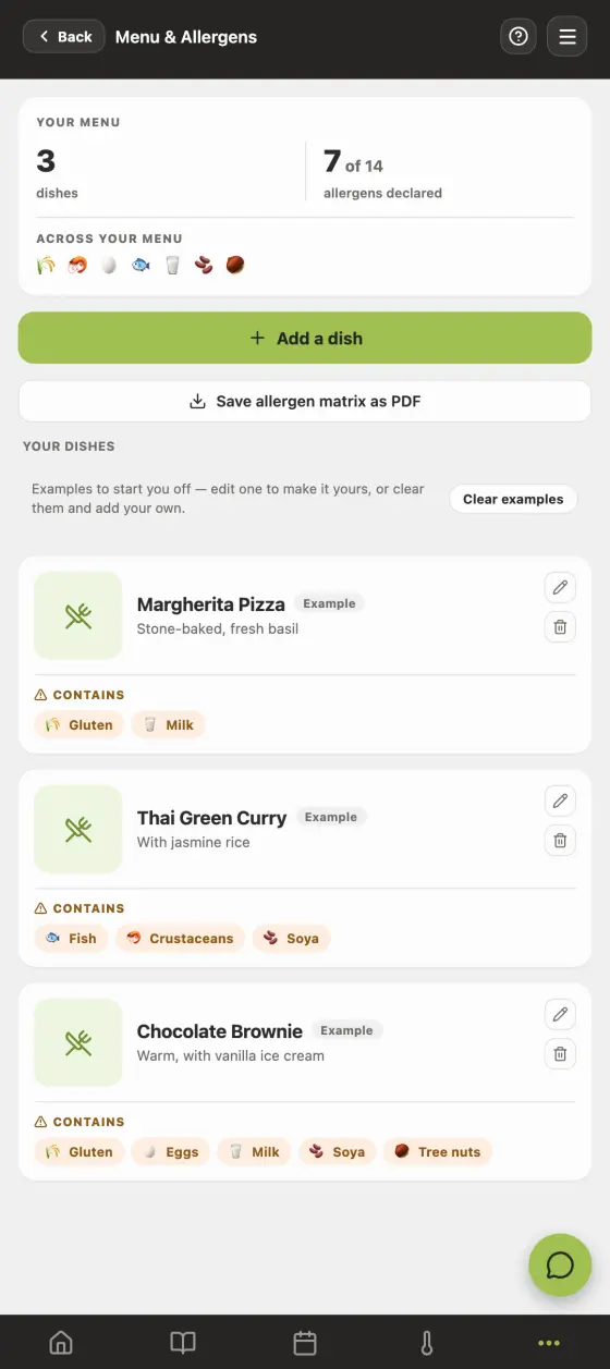 The menu and allergens screen in the Good Food Hygiene app