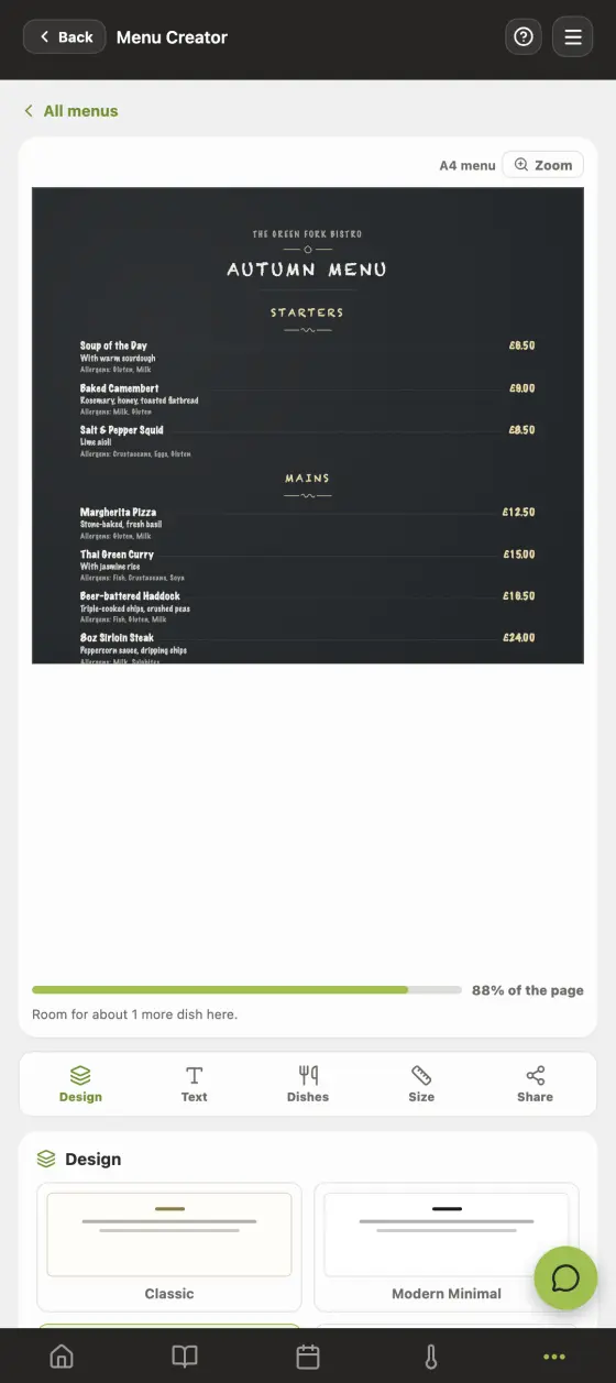 The menu creator screen in the Good Food Hygiene app