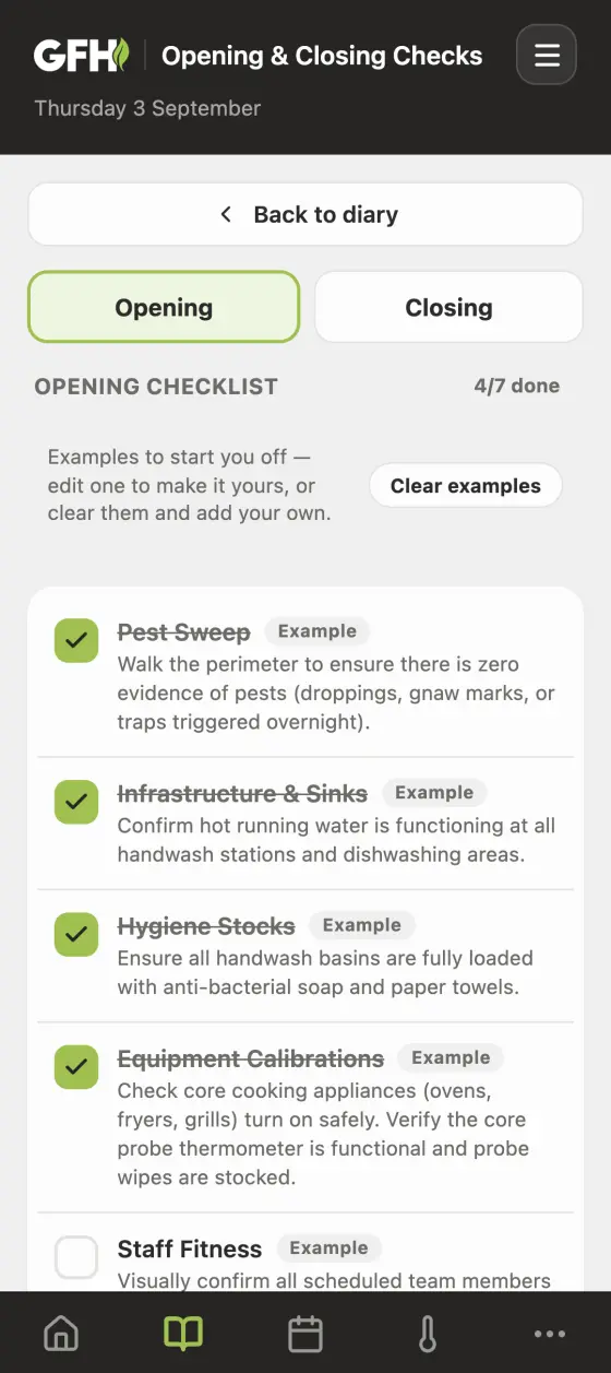 The opening and closing checks screen in the Good Food Hygiene app