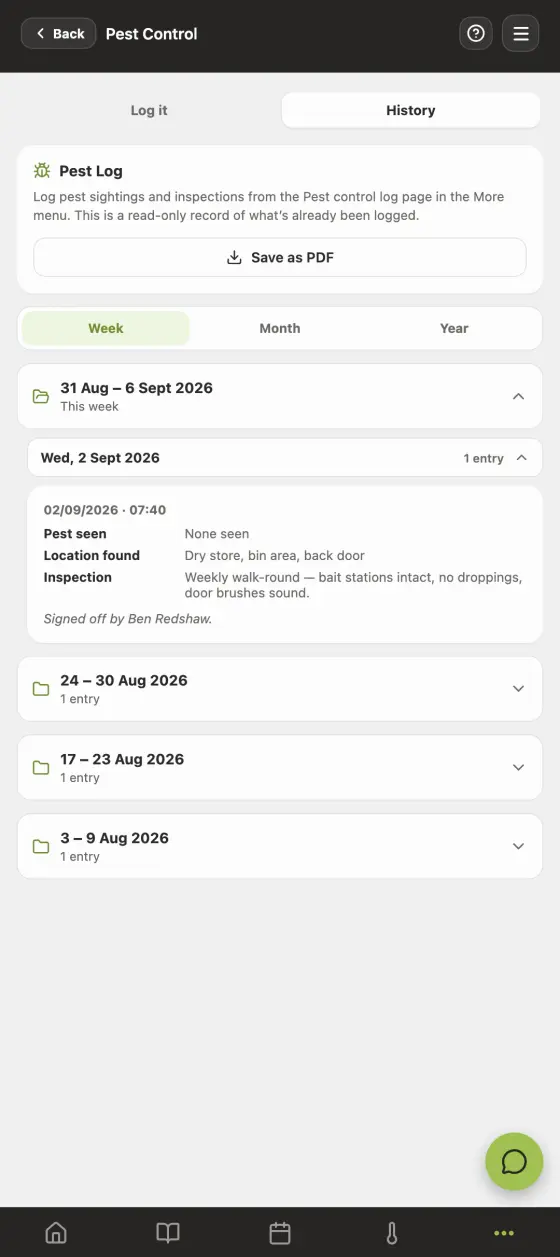 The pest control screen in the Good Food Hygiene app