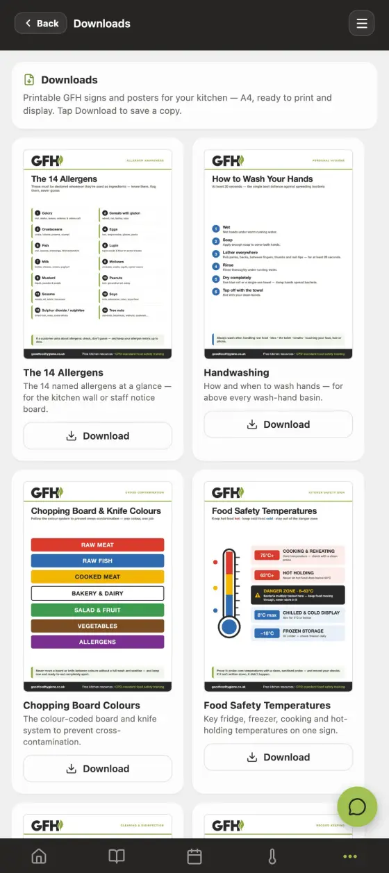 The printable downloads screen in the Good Food Hygiene app