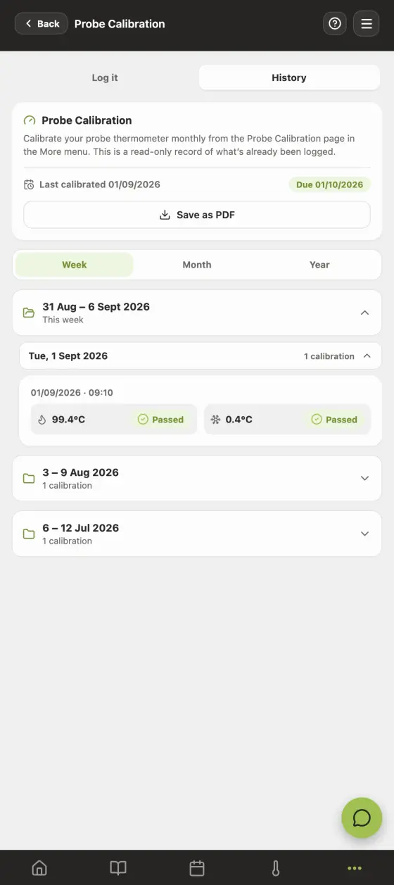 The probe calibration screen in the Good Food Hygiene app