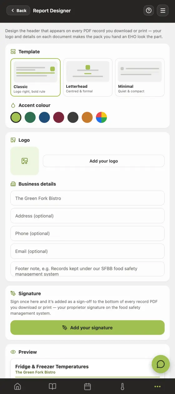 The Report Designer in the app: a template, an accent colour, your logo, your business details and a signature, applied to every PDF record