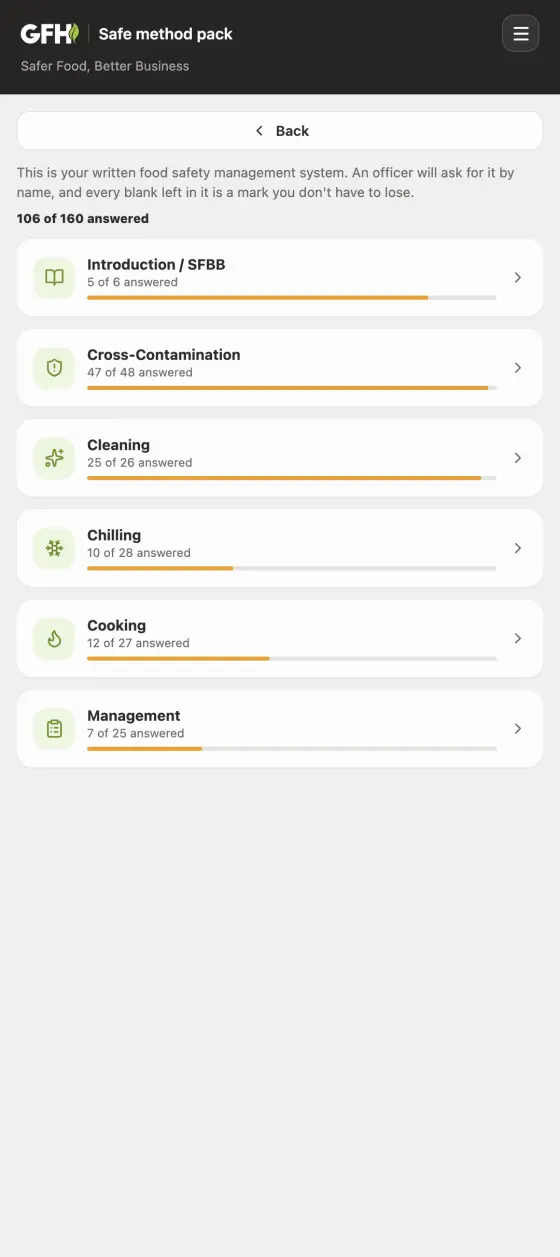 The sfbb safe method pack screen in the Good Food Hygiene app