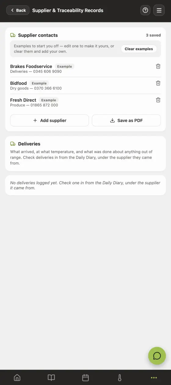 The supplier and traceability screen in the Good Food Hygiene app