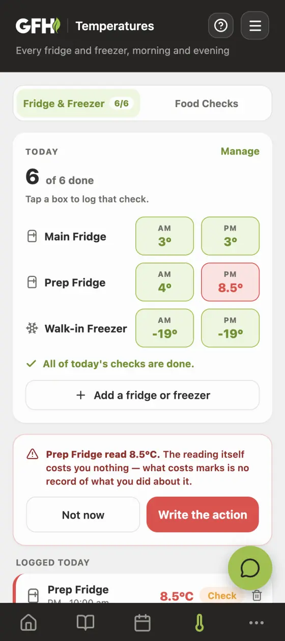 The fridge and freezer temperatures screen in the Good Food Hygiene app
