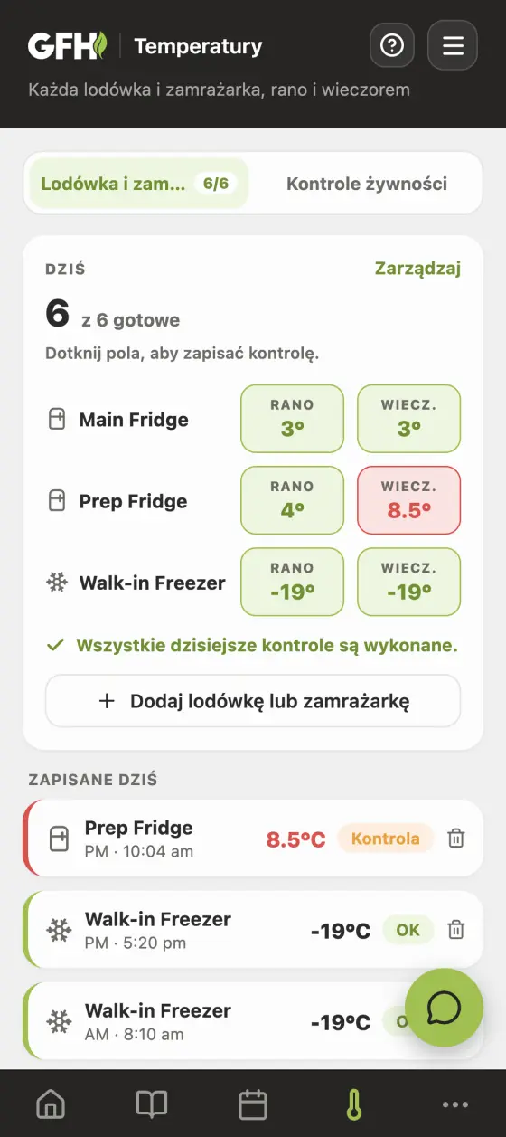 The temperatures screen in Polish: three fridges, morning and evening, one reading out of range in red