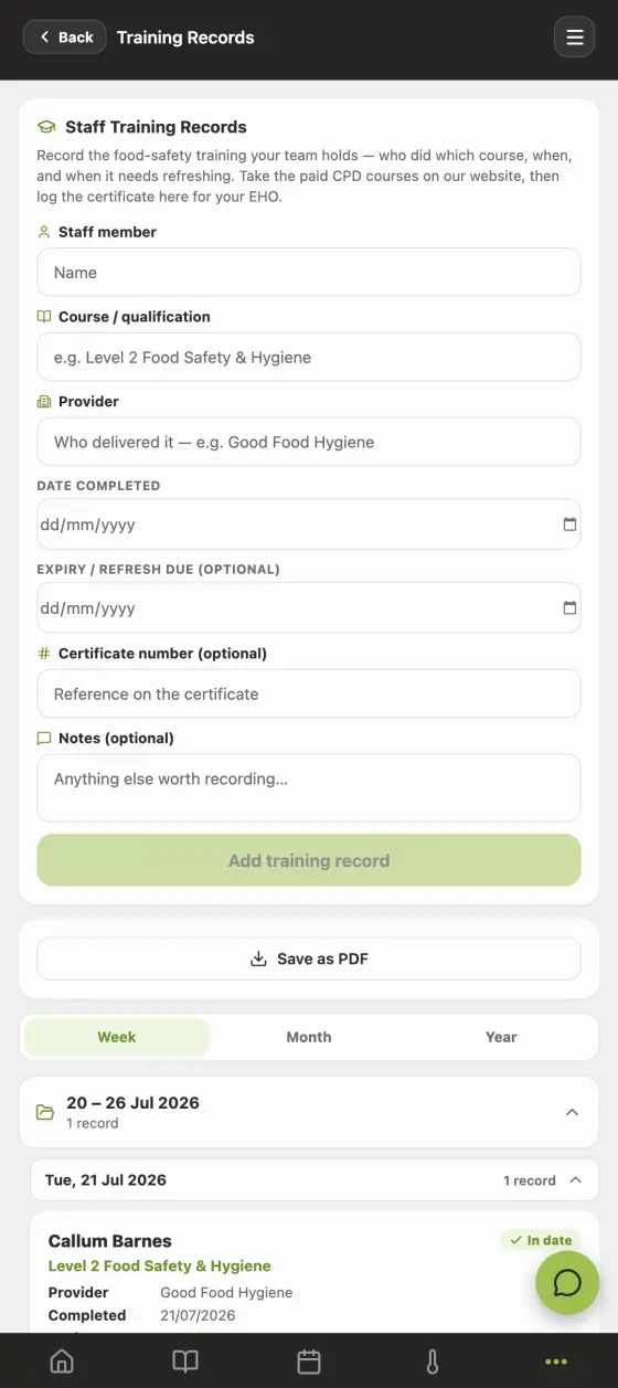 The training records screen in the Good Food Hygiene app