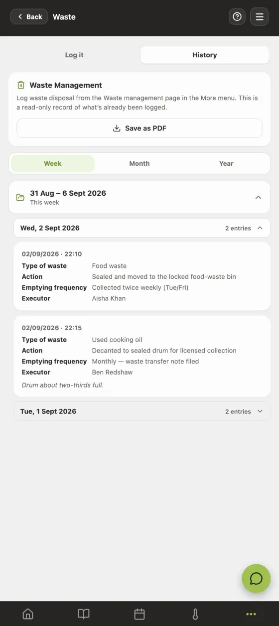 The waste management screen in the Good Food Hygiene app