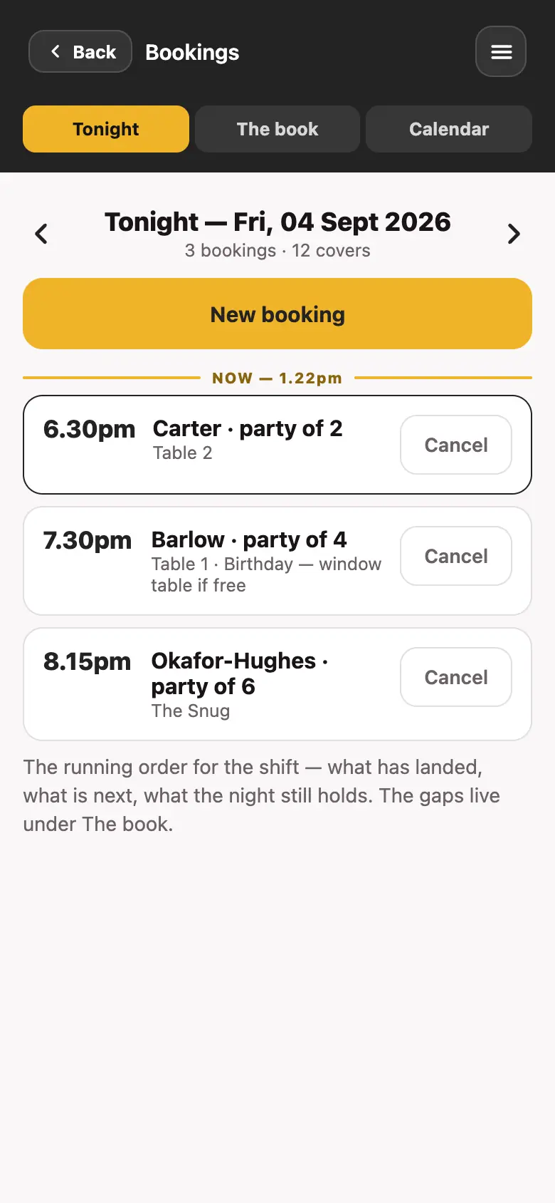 The bookings screen in the Good Bar Management app