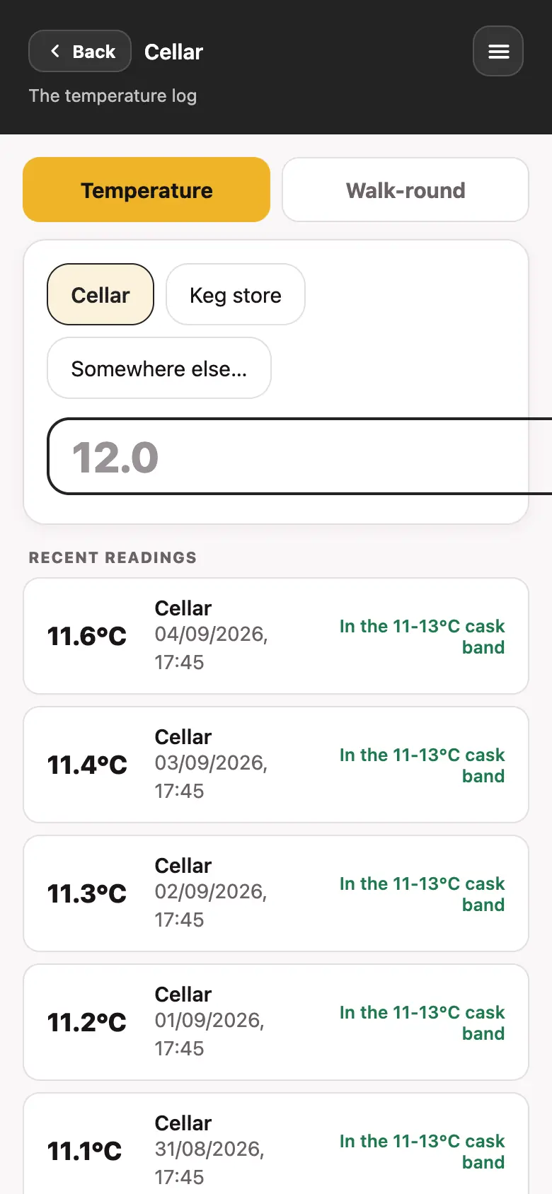 The cellar temperature log in the Good Bar Management app, showing weeks of readings against the cask band