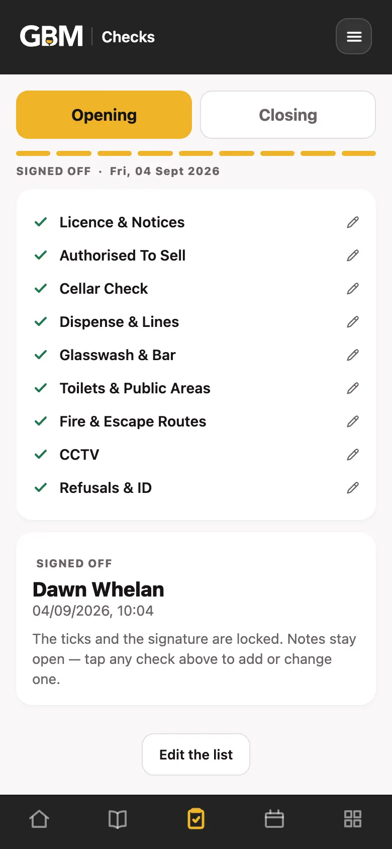 Opening checks in the Good Bar Management app, all ticked and signed off by name, with the signature locked