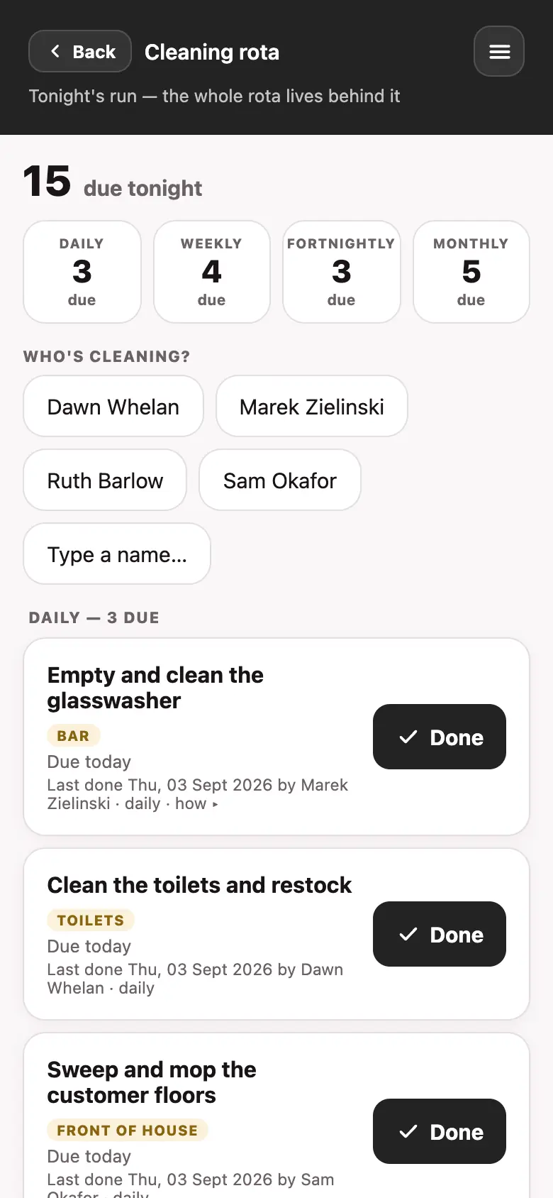 The cleaning rota screen in the Good Bar Management app