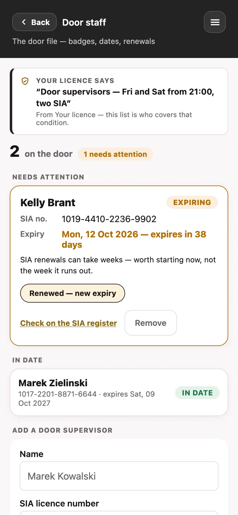 The door staff screen in the Good Bar Management app