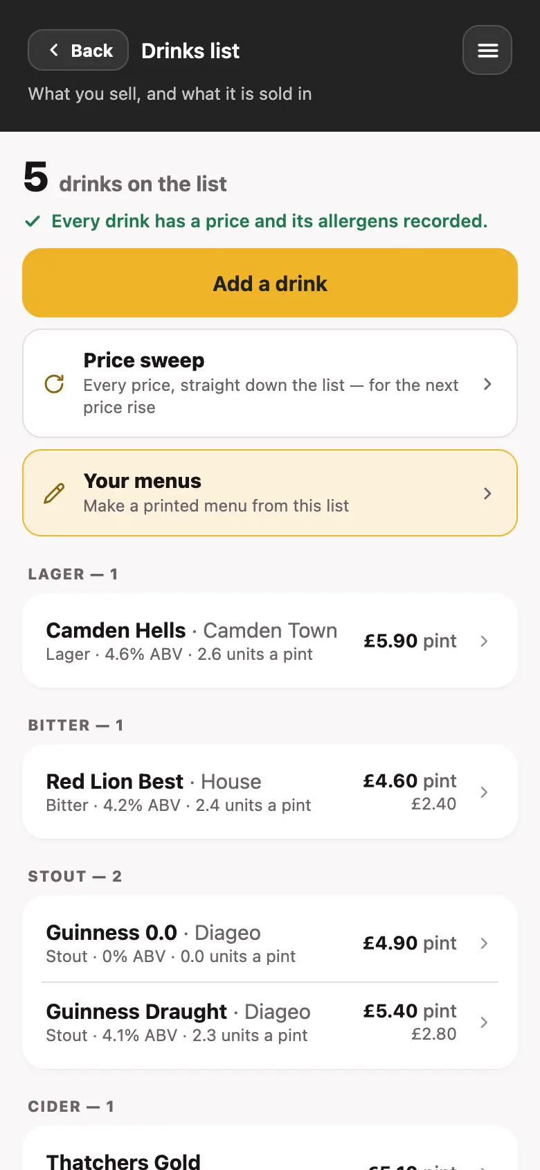 The drinks and menus screen in the Good Bar Management app