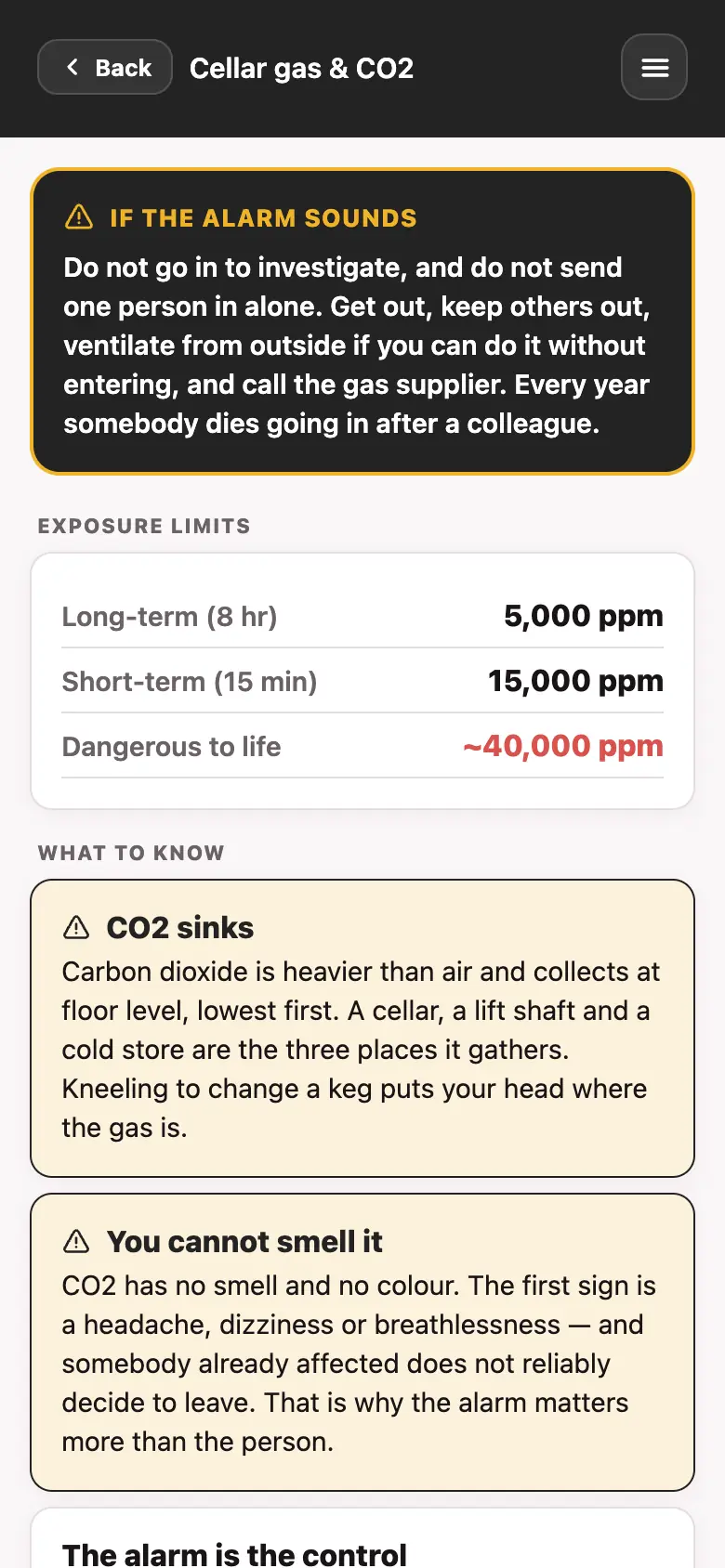 The cellar gas guide in the Good Bar Management app, opening with what to do if the alarm sounds