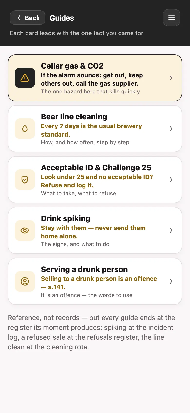 The guides hub in the Good Bar Management app: cellar gas, beer line cleaning, acceptable ID, drink spiking, serving a drunk person
