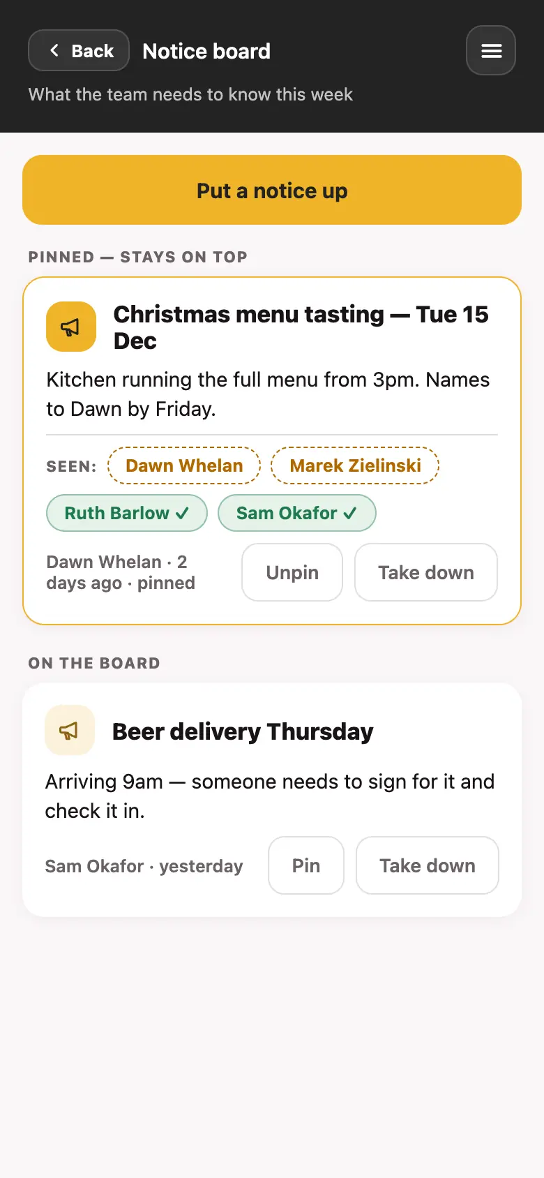 The notice board screen in the Good Bar Management app