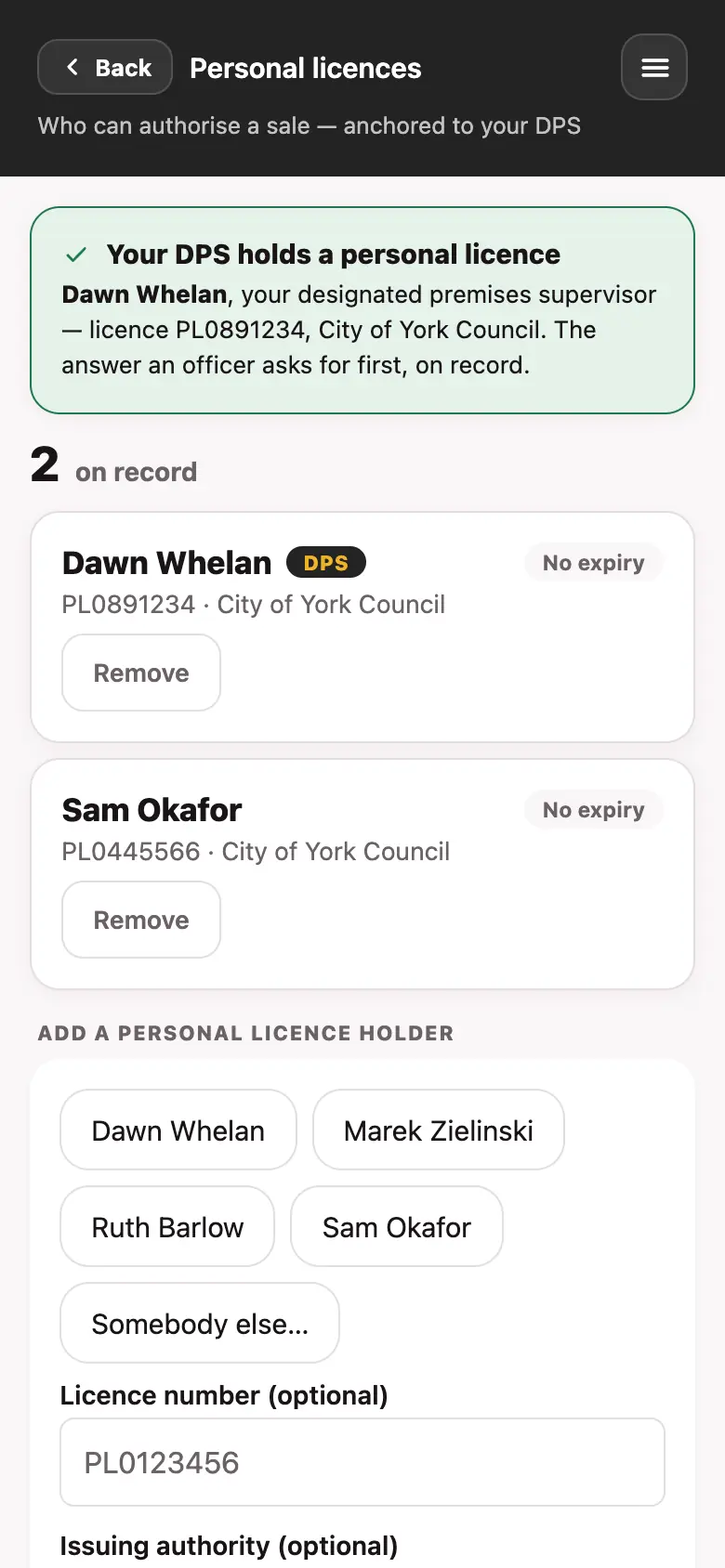 The personal licences screen in the Good Bar Management app