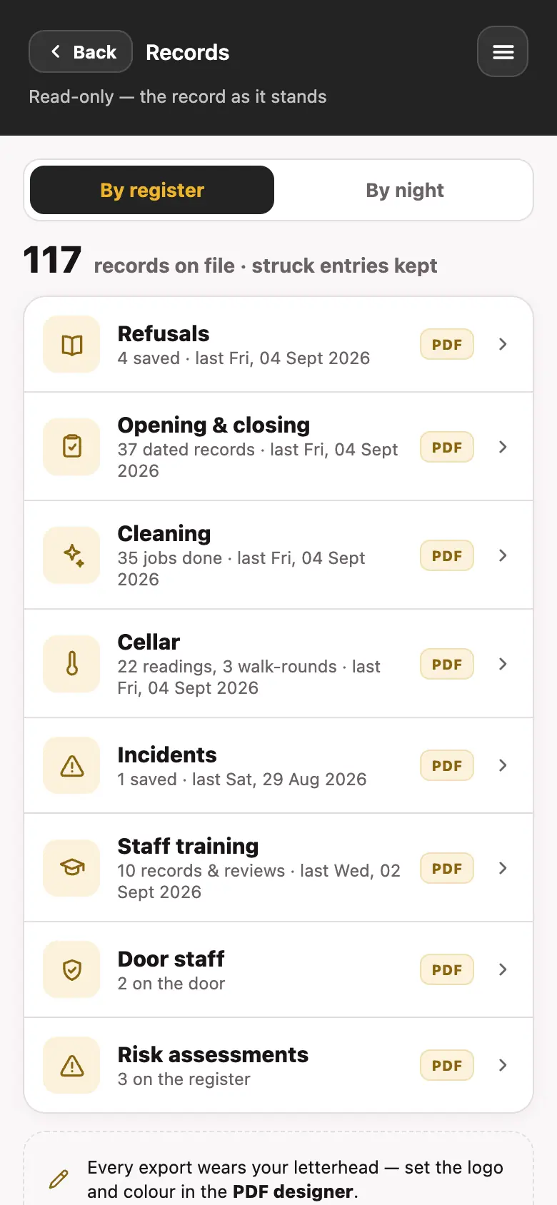 The records drawer screen in the Good Bar Management app
