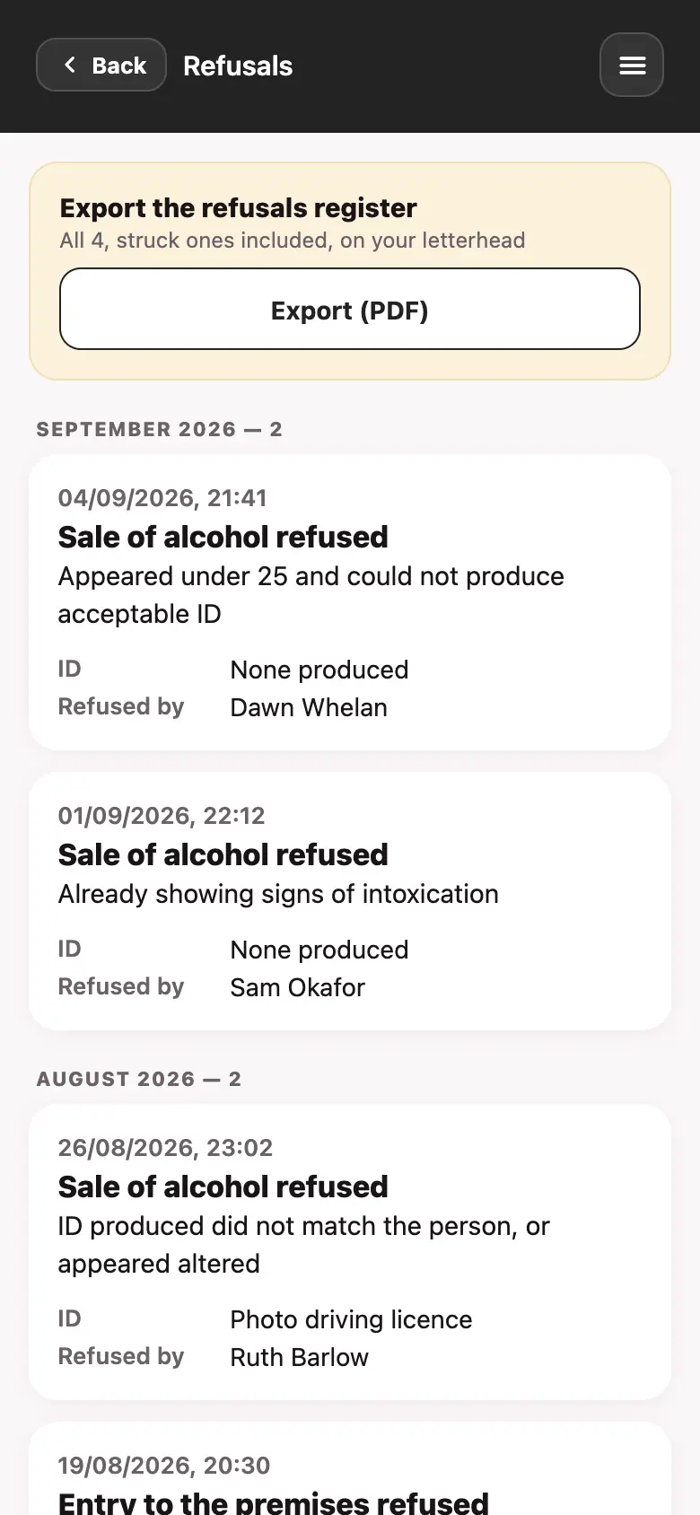 The refusals register in the Good Bar Management app, showing logged refusals with their reasons and who refused