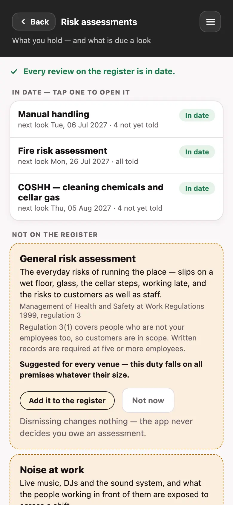 The risk assessments screen in the Good Bar Management app