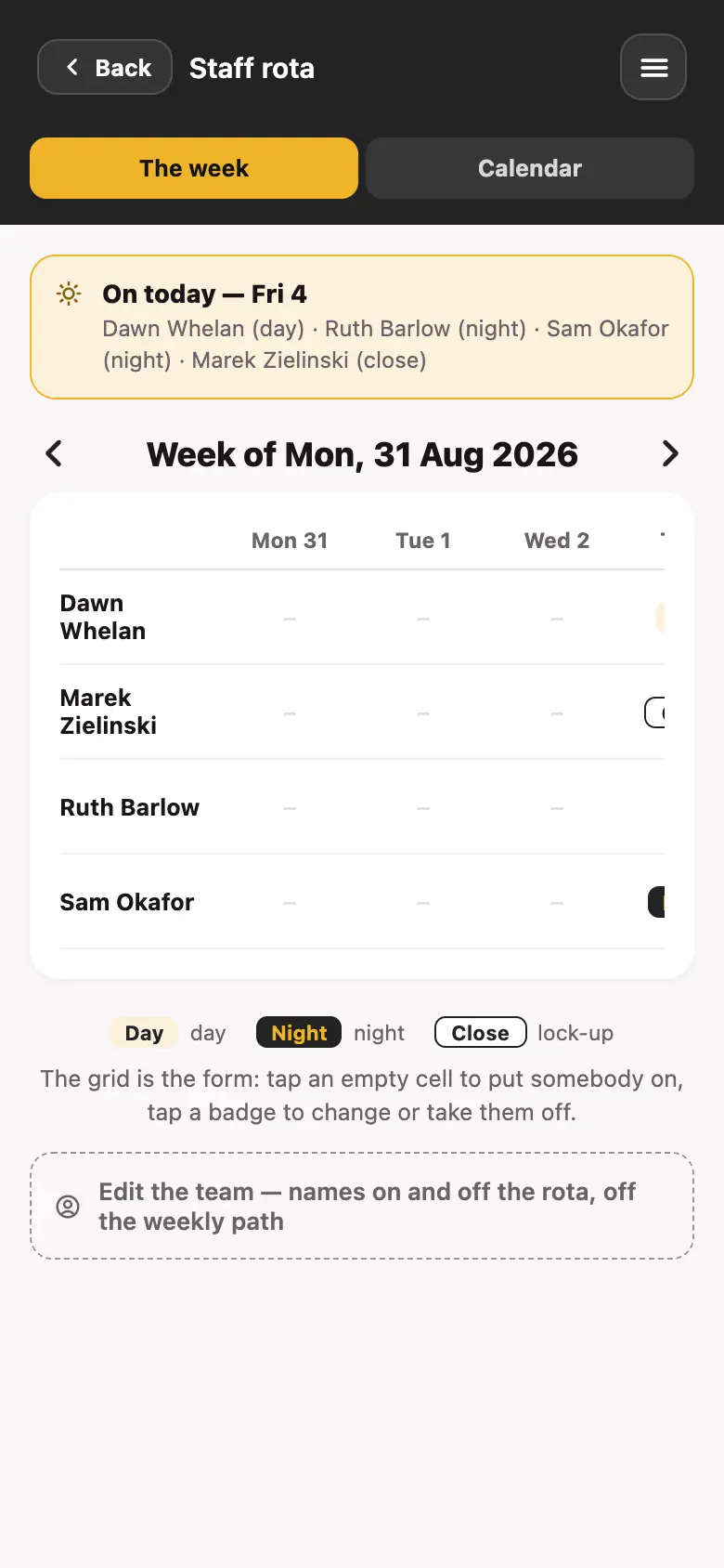 The staff rota screen in the Good Bar Management app