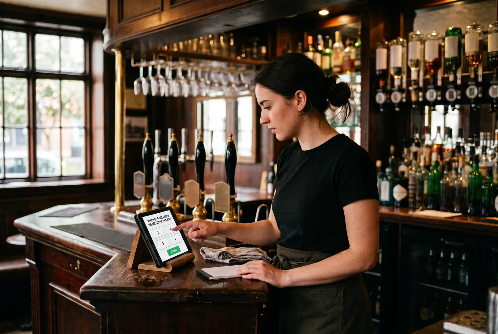 A member of bar staff behind a pub bar, answering a quiz question on a tablet