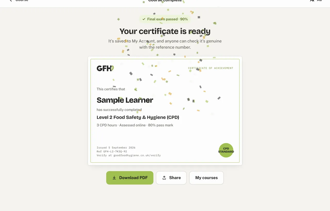 The certificate, ready, with a reference and a QR code