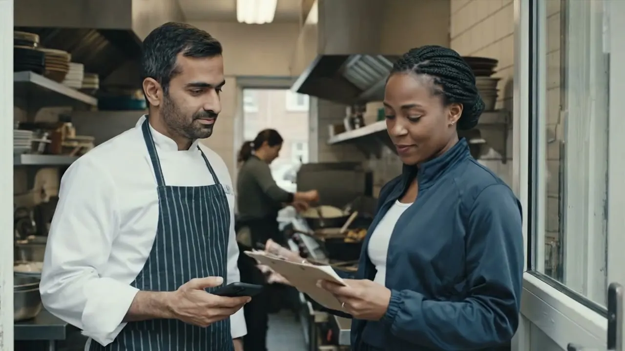 A chef at the kitchen door showing an officer the records on his phone while she makes notes